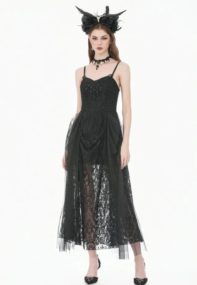 Impericon Dark Rite Gothic Lace Long Kleid schwarz Spitze