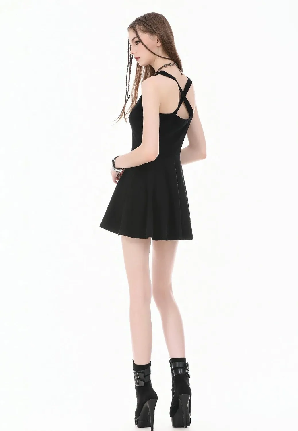 Dark Punk Cut Out Cross Straps Kleid schwarz Mini