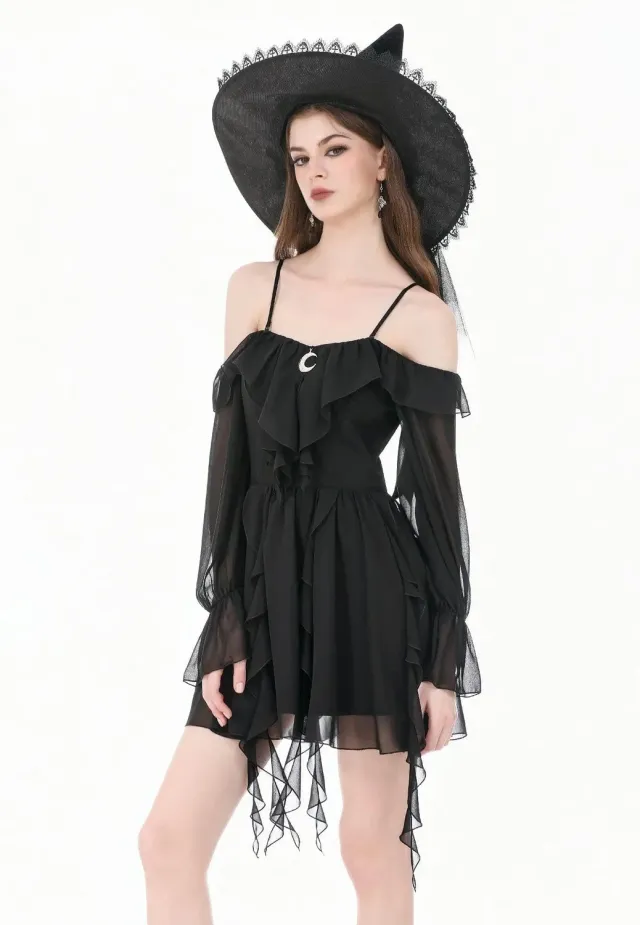 Impericon Gothic Black Chiffon Off The Shoulder Kleid schwarz