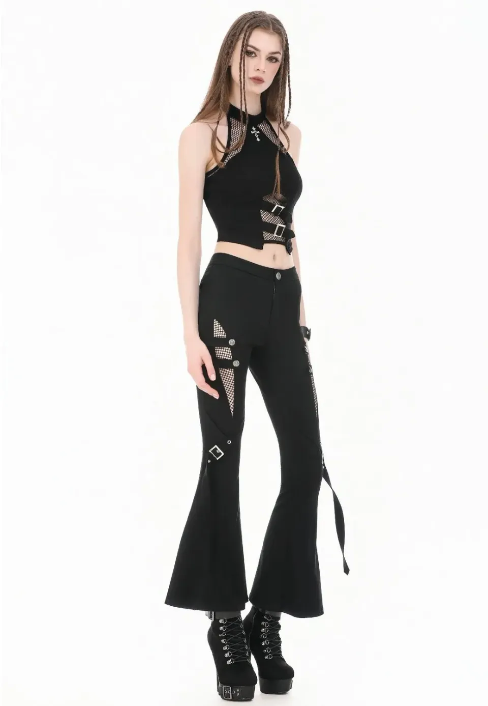 Dark Rift Mesh Patchwork Flare Hose schwarz Gothic