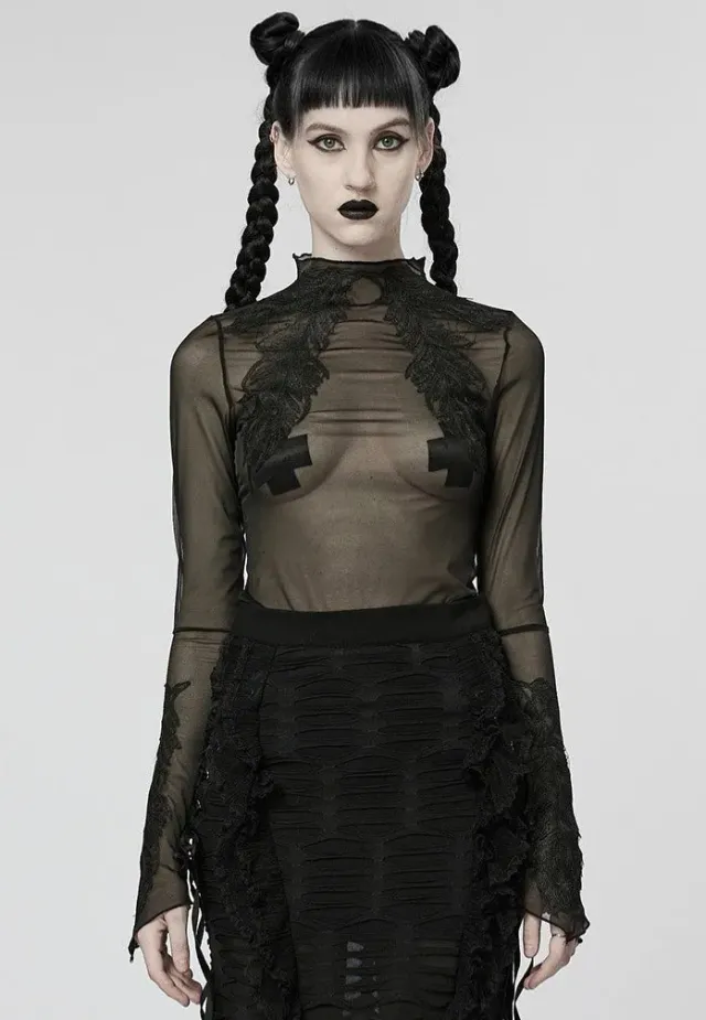 Impericon Melinda Sheer Mesh Turtleneck Top schwarz