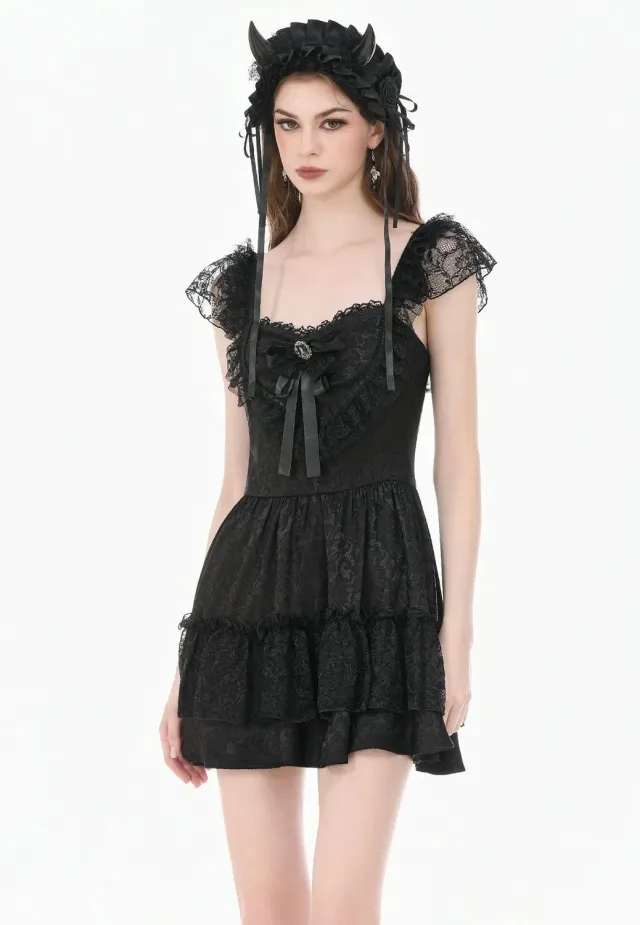 Impericon Gothic Lolita Jacquard Lace Flutter-Sleeve Cake Kleid schwarz